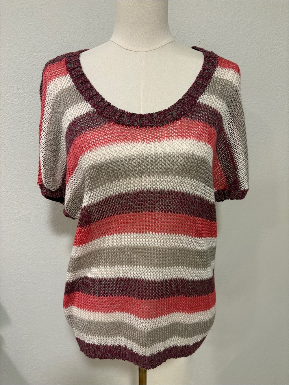 Tommy Bahama Striped Short-Sleeve Knit Sweater - Coral, Taupe & White